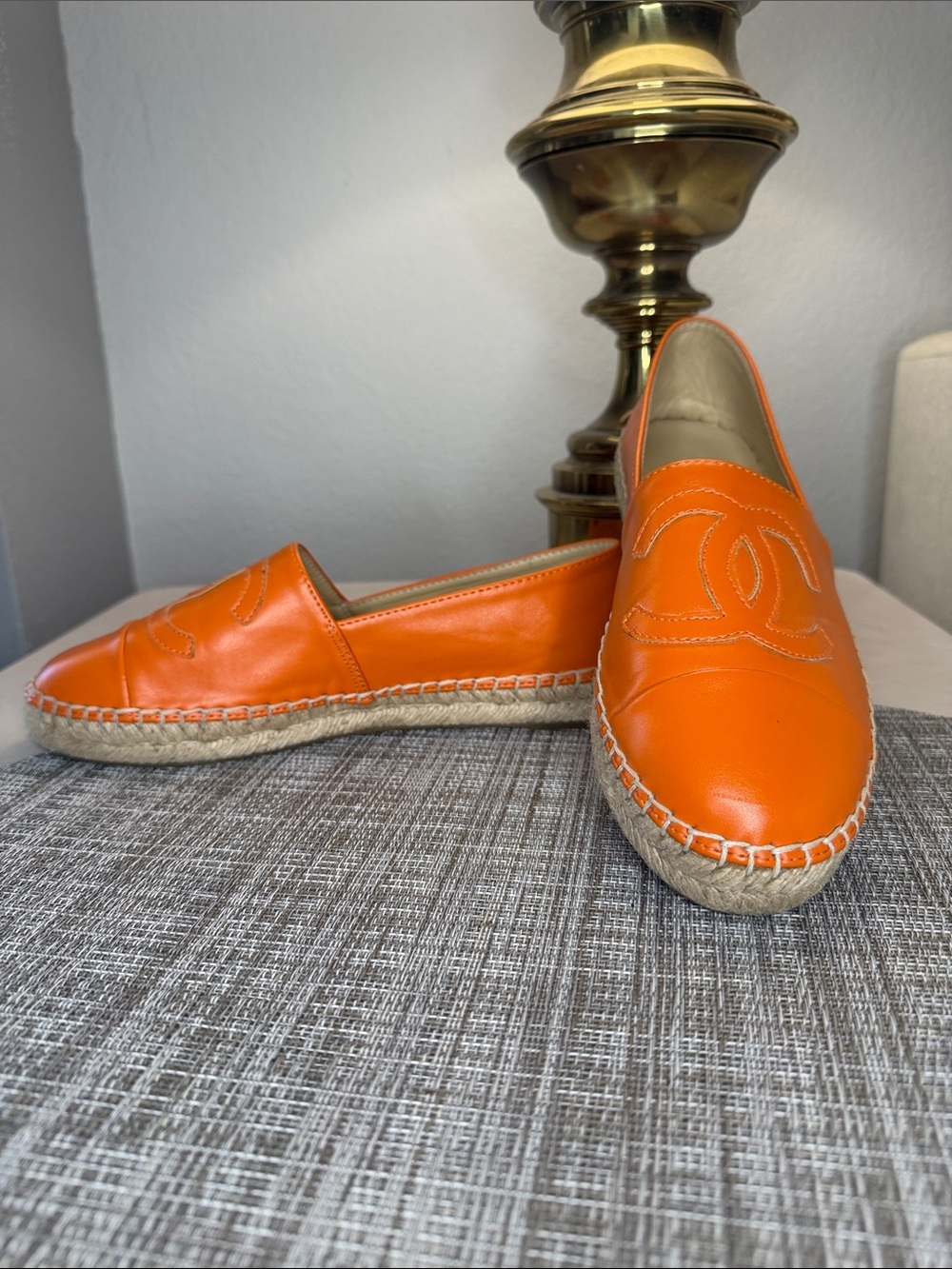 CHANEL Orange Leather Espadrille Flats